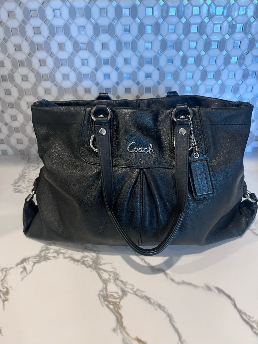 COACH Ashley Leather Carryall Tote Bag 2-Way F15513 Black Crossbody Shoulder